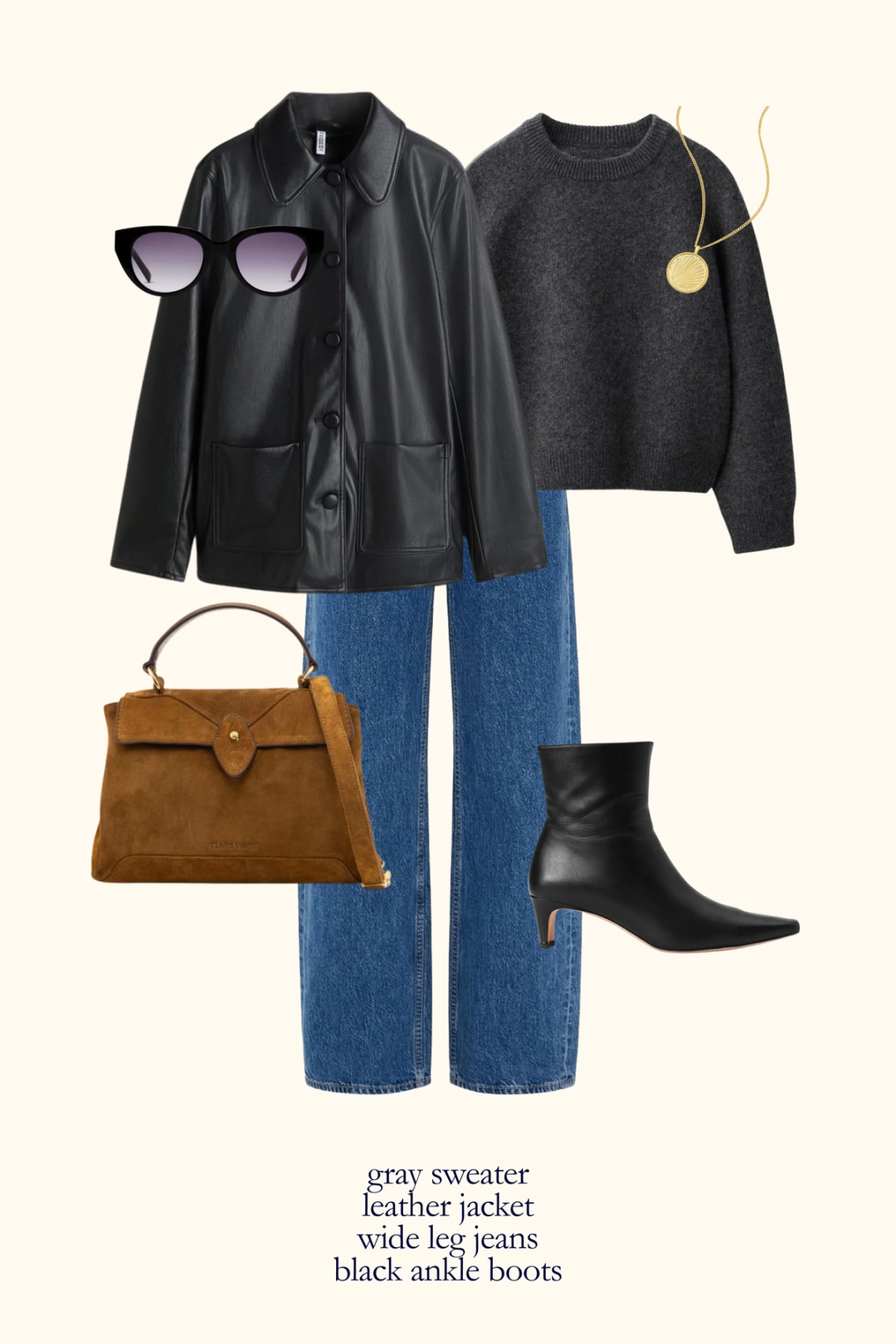 fall capsule wardrobe outfit with a gray sweater, black leather jacket, wide leg jeans, and black ankle boots