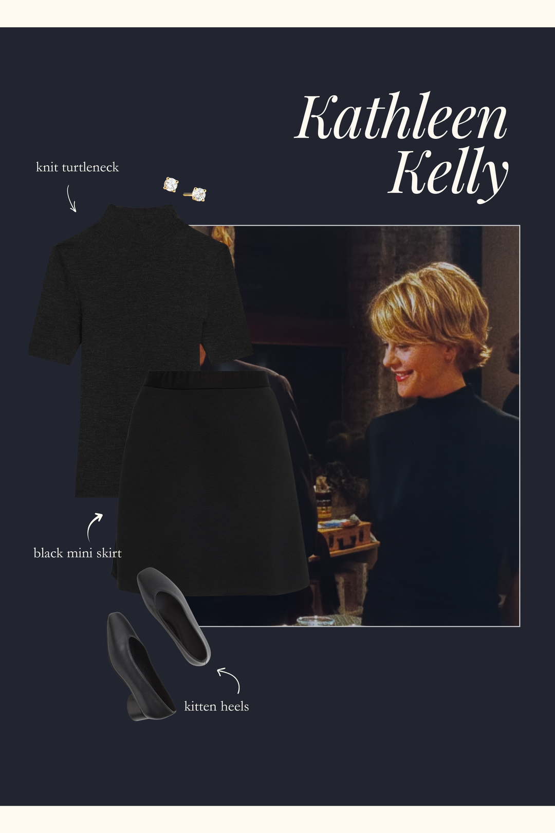 Kathleen Kelly outfit with a knit turtleneck, black skirt, and black shoes