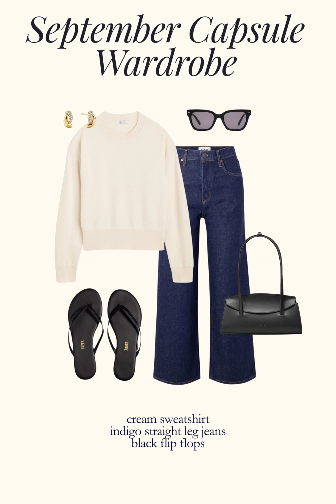 casual fall outfit idea with a cream sweatshirt, indigo jeans, and black ballet flats