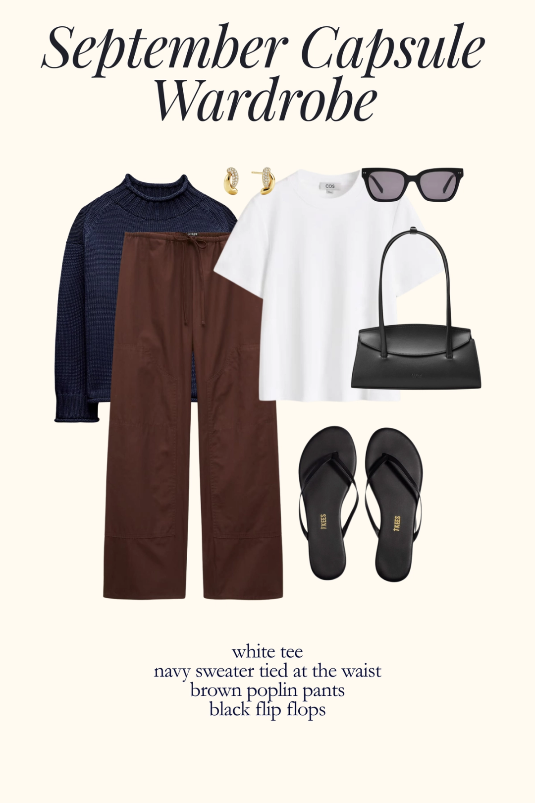 fall outfit idea with a white tee, brown poplin pants, navy sweater over the shoulders, and black flip flops