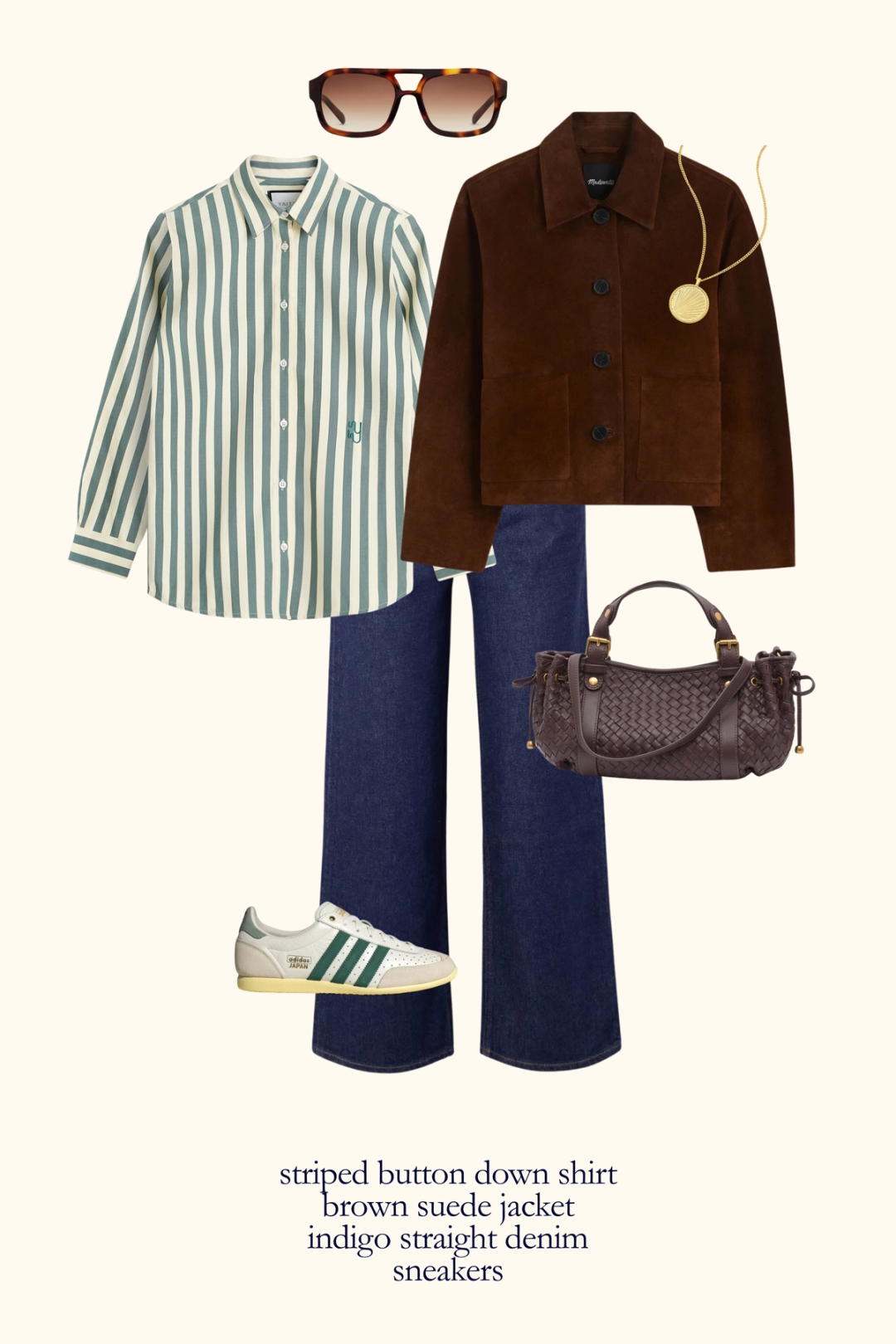 fall outfit idea with a green striped button down shirt, brown suede jacket, indigo jeans, and sneakers