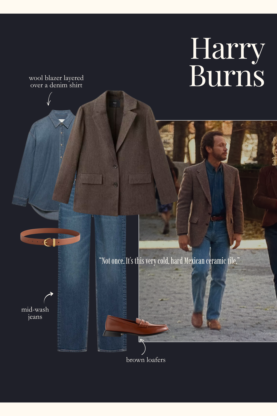 Harry Burns outfit with a denim shirt, wool blazer, jeans, and loafers