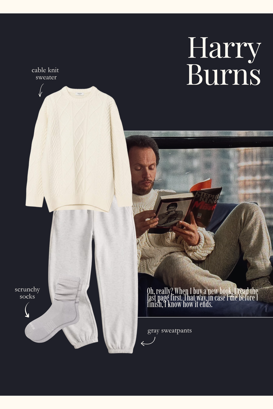 Harry Burns outfit with a cream cable knit sweater, sweatpants, and scrunchy socks