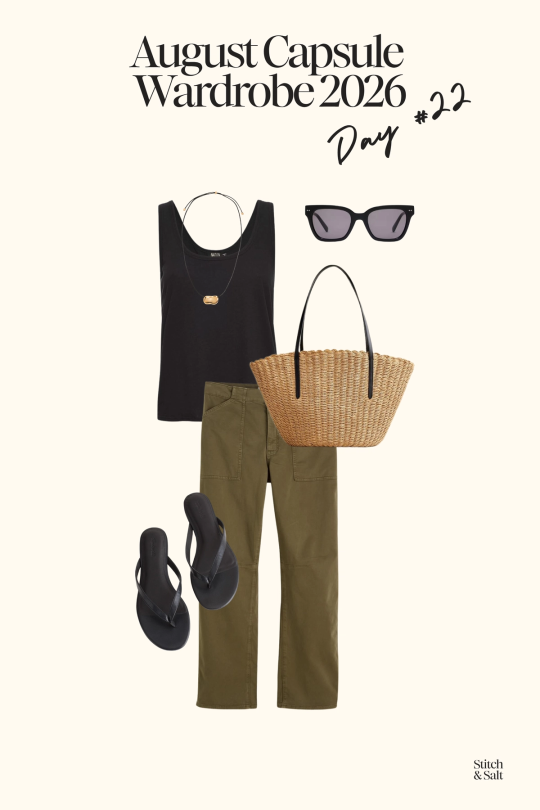 summer capsule outfit with a black tank, green utility pants, black flip flops and a woven bag