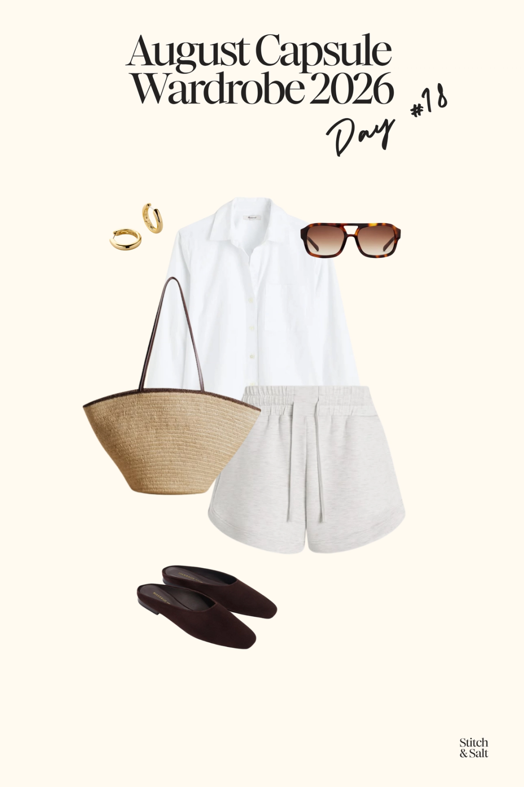 august capsule outfit idea with a white button down, gray shorts, and brown suede mules