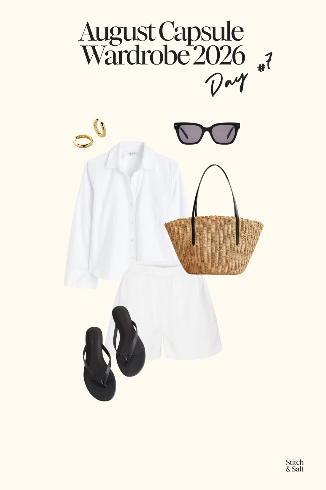 summer outfit with a white button down, white shorts, black flip flops and a woven bag