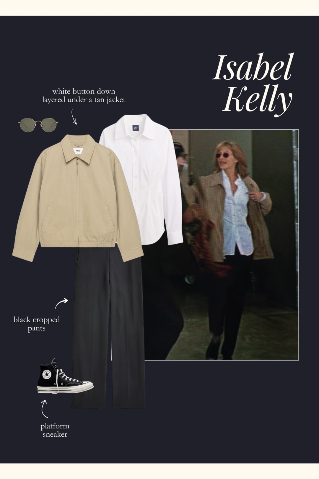 recreating Julia Robert's outfits from Stepmom with a white button down, tan jacket, black pants, and platform sneakers