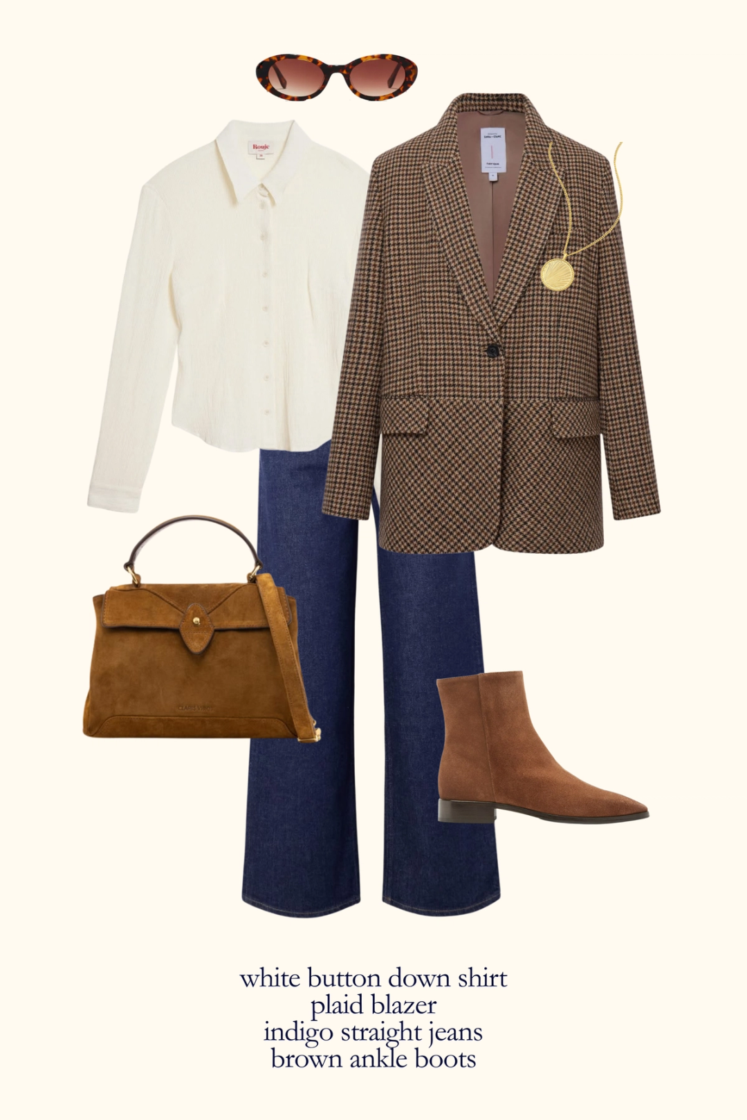 Parisan inspired fall outfit with a white button down shirt, plaid blazer, indigo jeans, and brown ankle boots