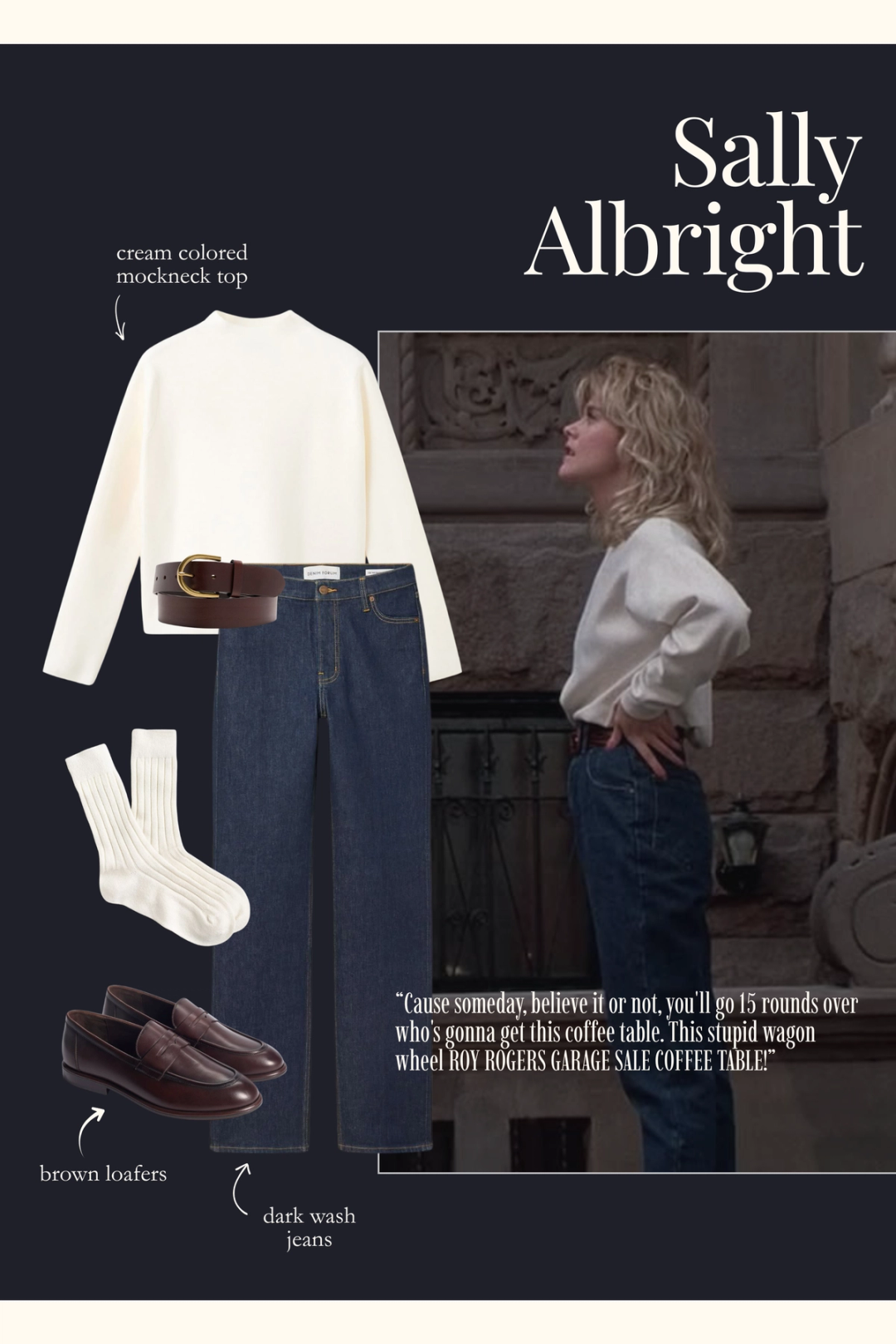 Sally Albright outfit with a cream mockneck top, jeans, and brown loafers