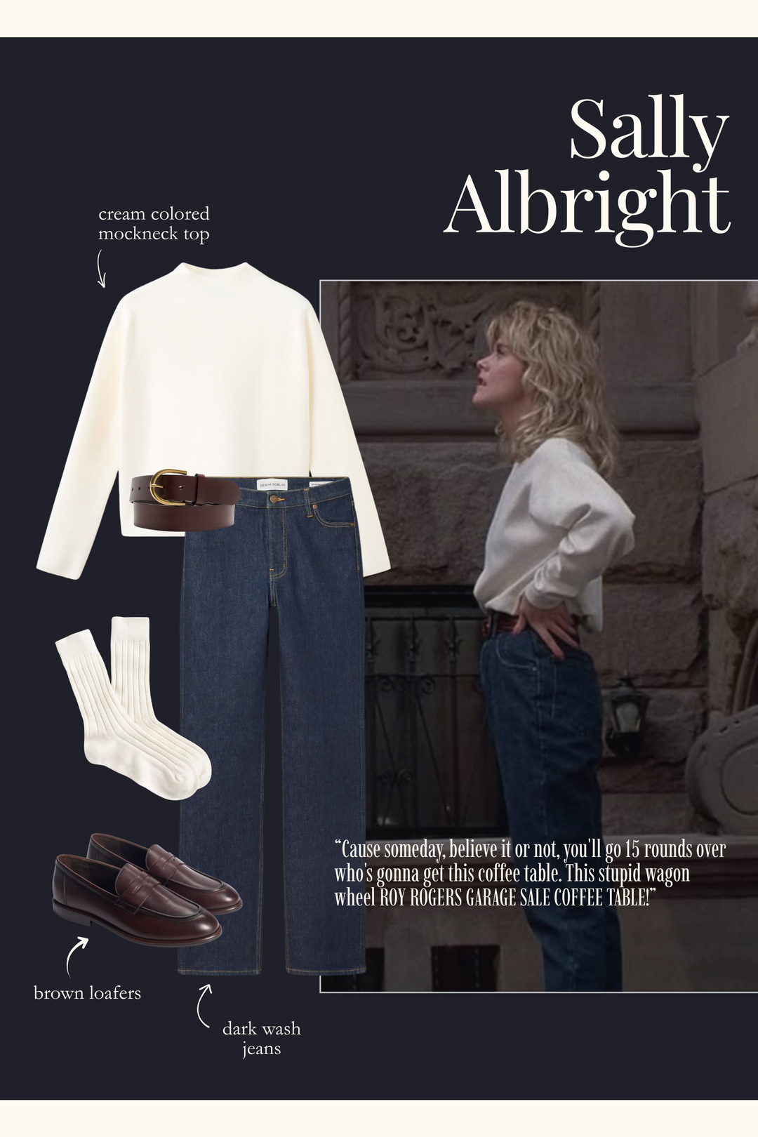 Sally Albright outfit with a cream mockneck top, jeans, and brown loafers