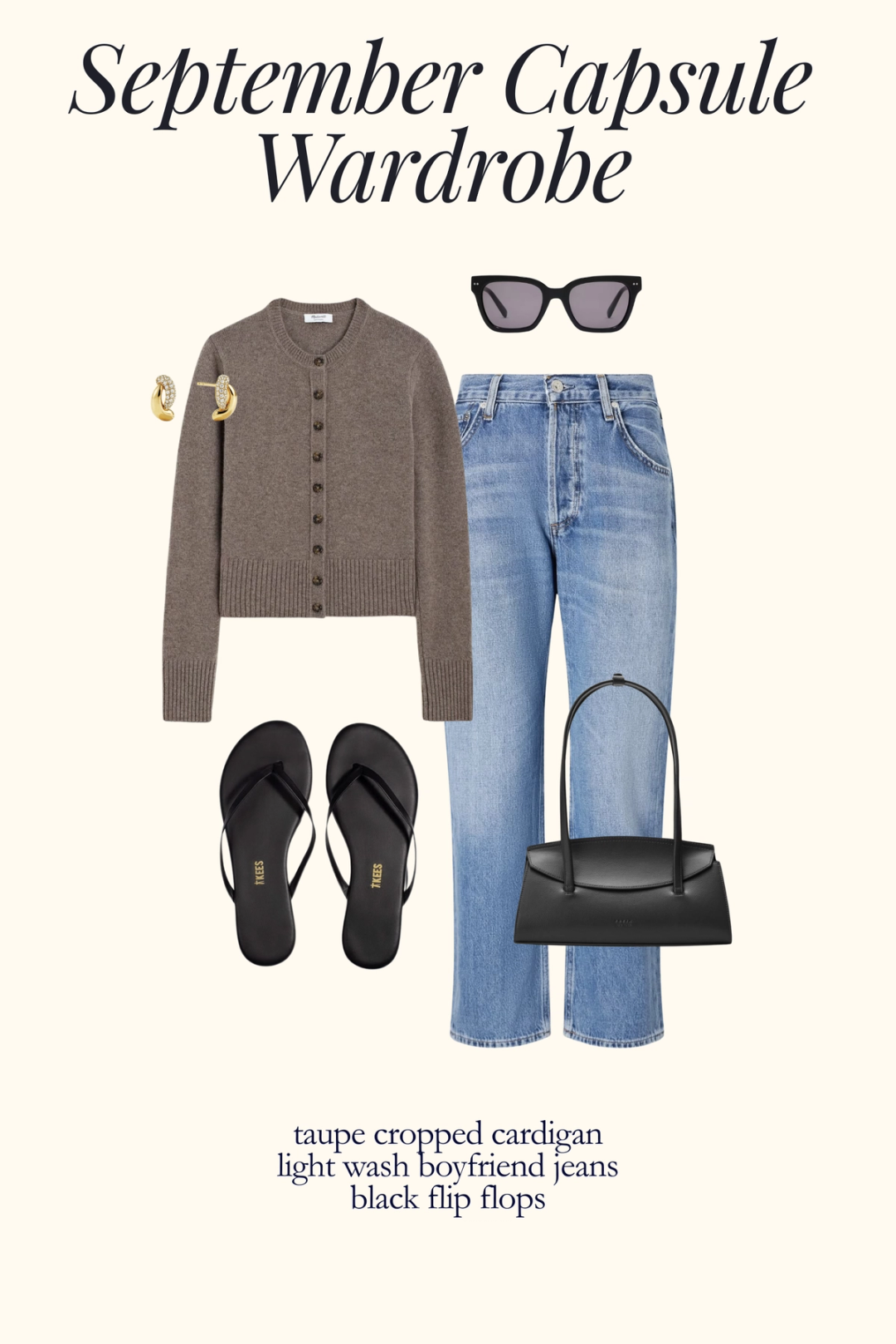 fall outfit idea with a taupe cropped cardigan, light wash jeans, and black flip flops