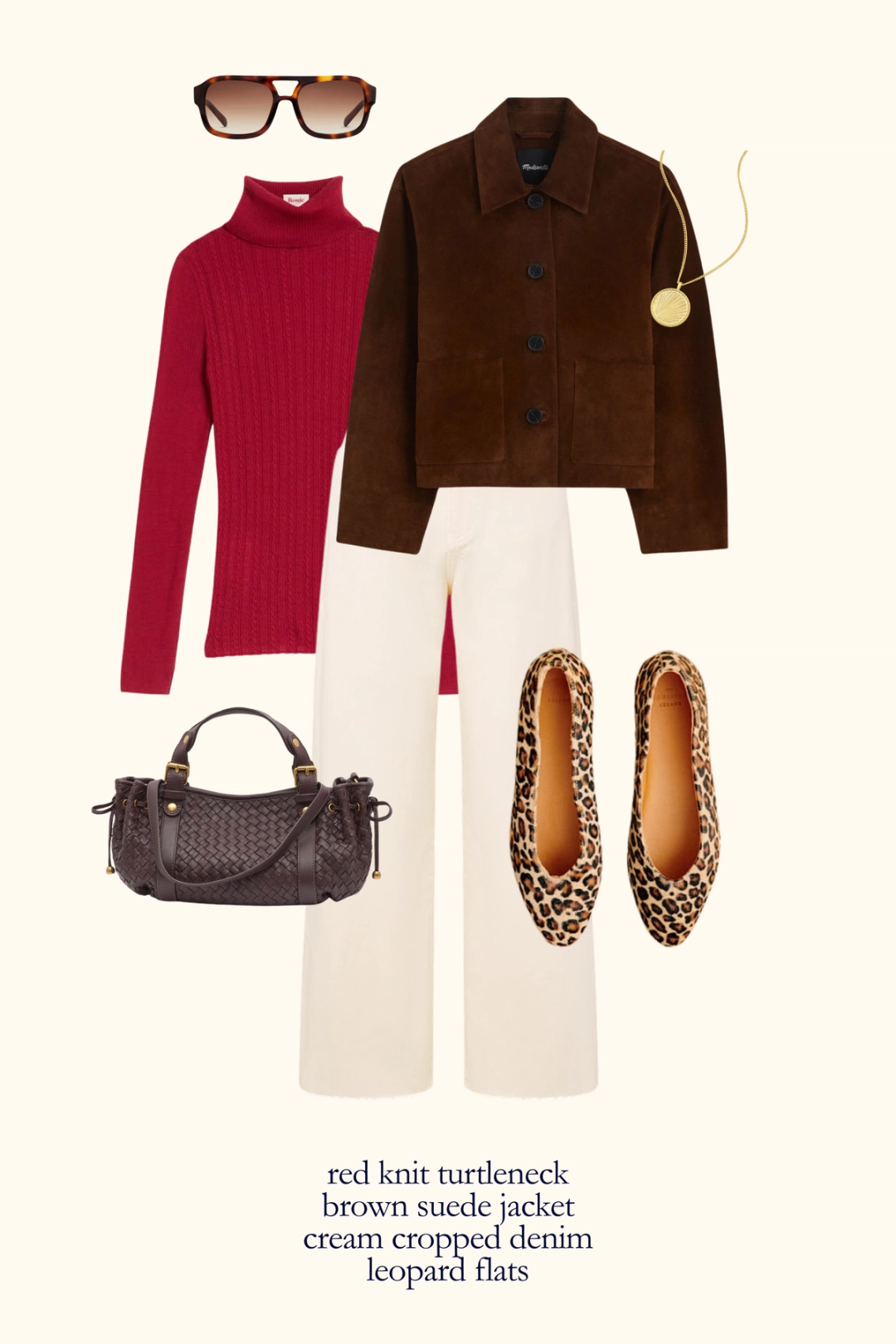 fall outfit idea with a red turtleneck sweater, brown suede jacket, cream denim, and leopard print flats
