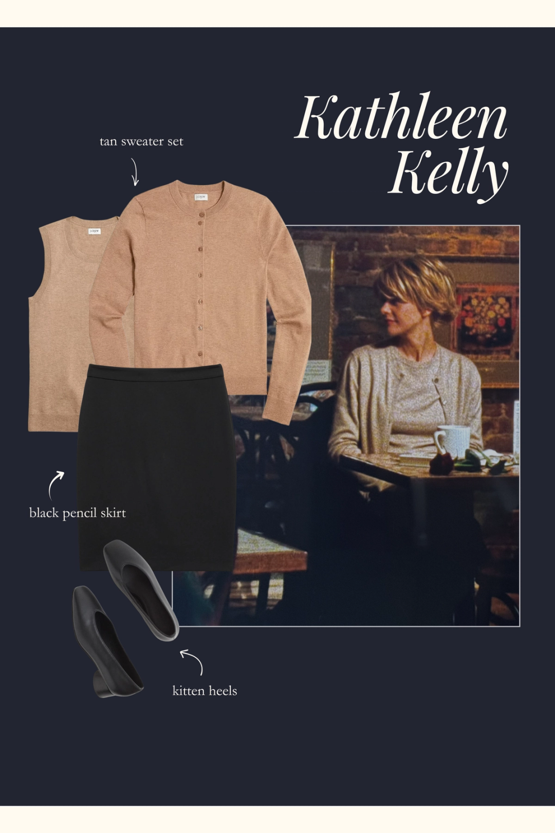 Kathleen Kelly outfit with a tan sweater set, black skirt, and black kitten heels