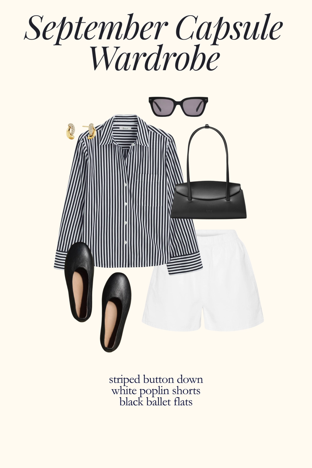 early fall outfit with a striped button down shirt, white poplin shorts, and black ballet flats
