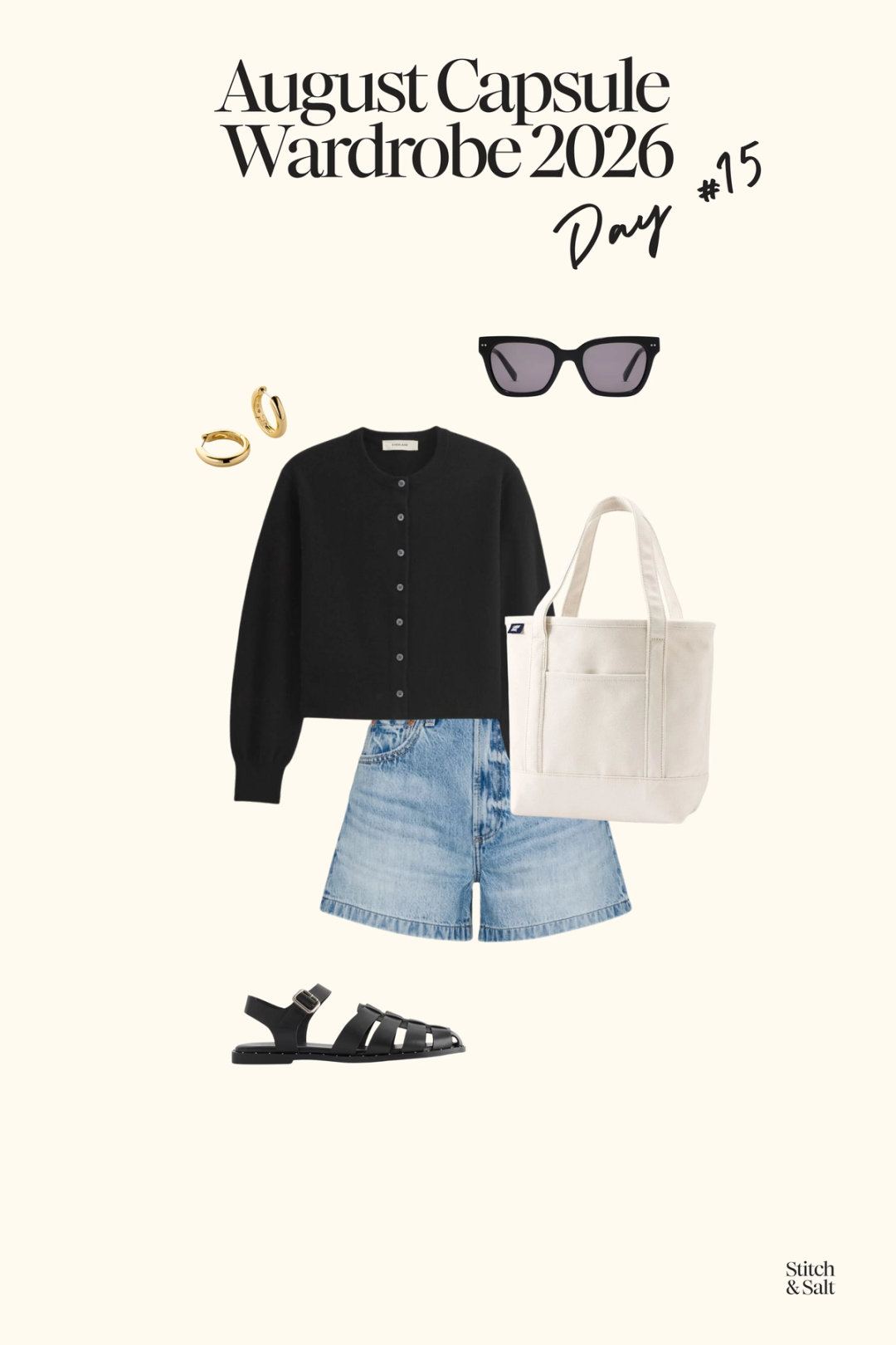 summer capsule outfit with a black cardigan, denim shorts, black fisherman sandals, and a canvas bag