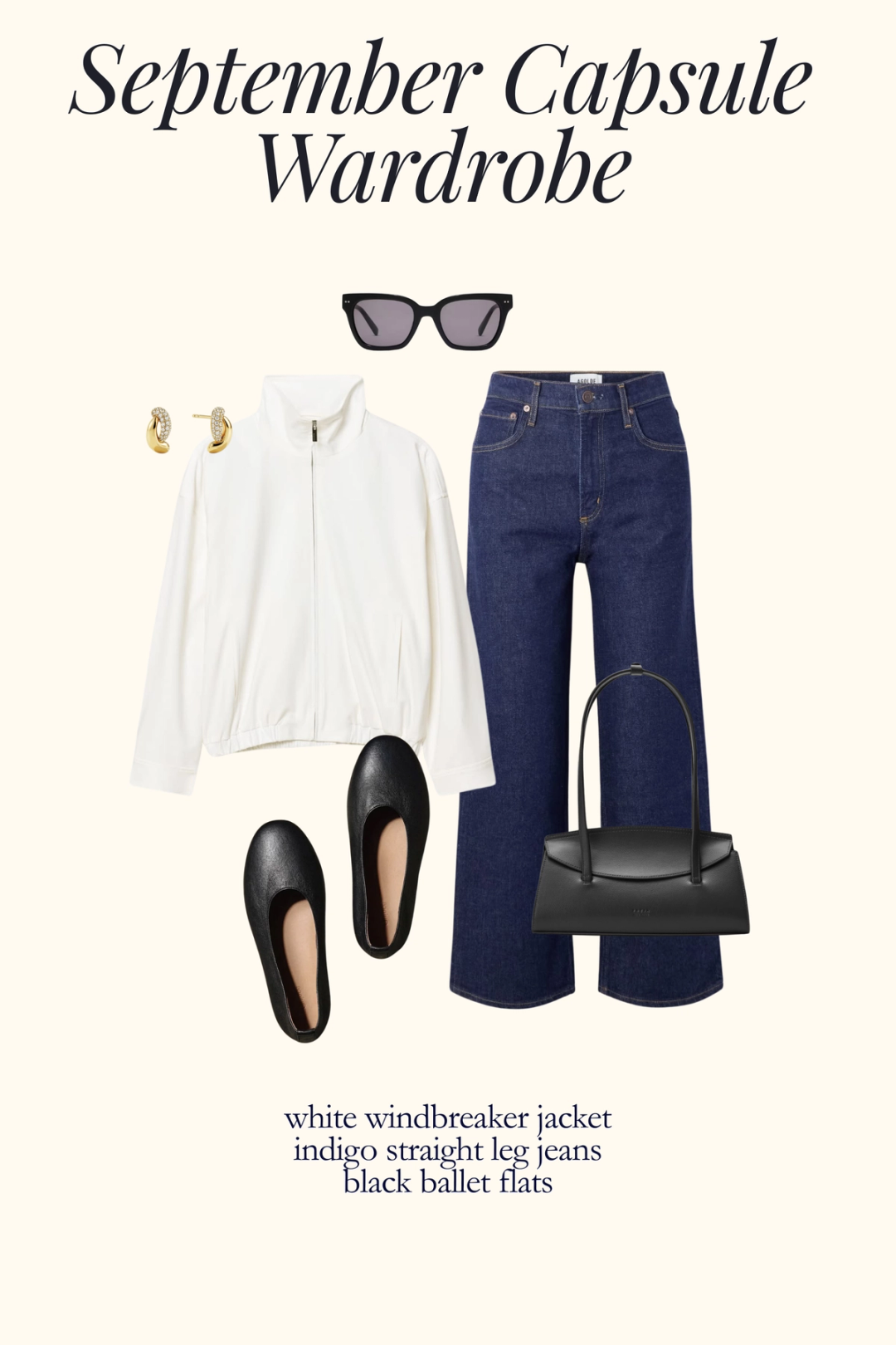 fall outfit with a white windbreaker jacket, indigo jeans, and black ballet flats