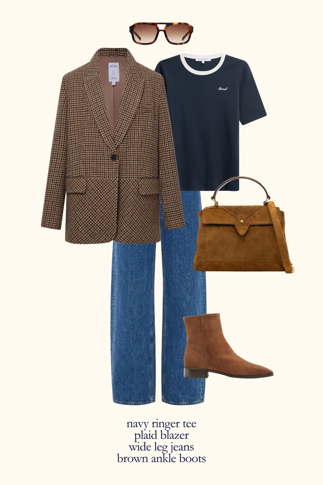 Parisian inspired fall outfit with a navy ringer tee, plaid blazer, wide leg jeans, and brown ankle boots