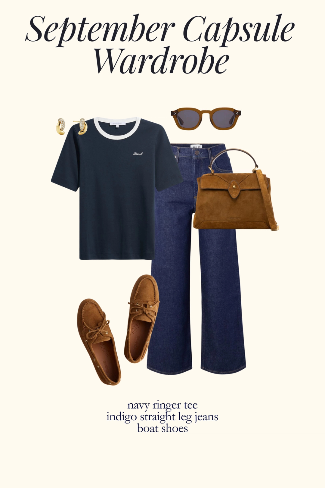 fall outfit idea with a navy ringer tee, indigo jeans, and boat shoes