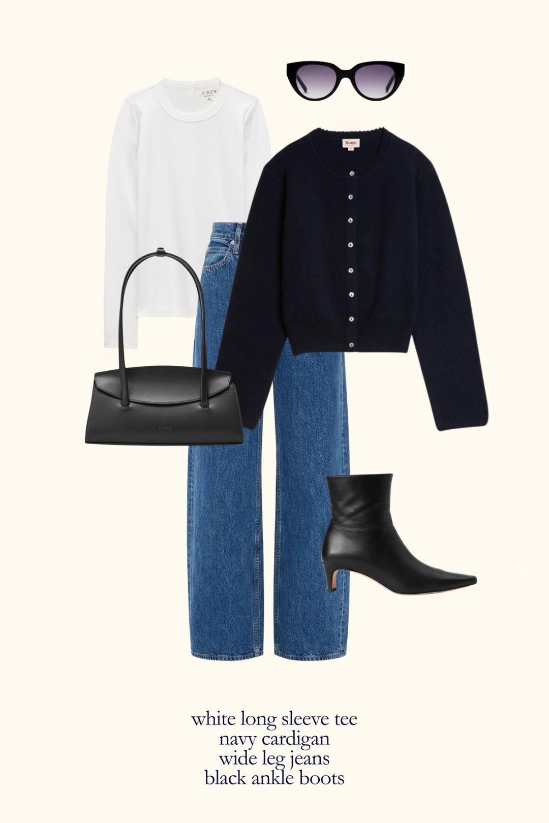 fall capsule wardrobe outfit with a navy cardigan layered over a white tee, wide leg jeans, and black ankle boots