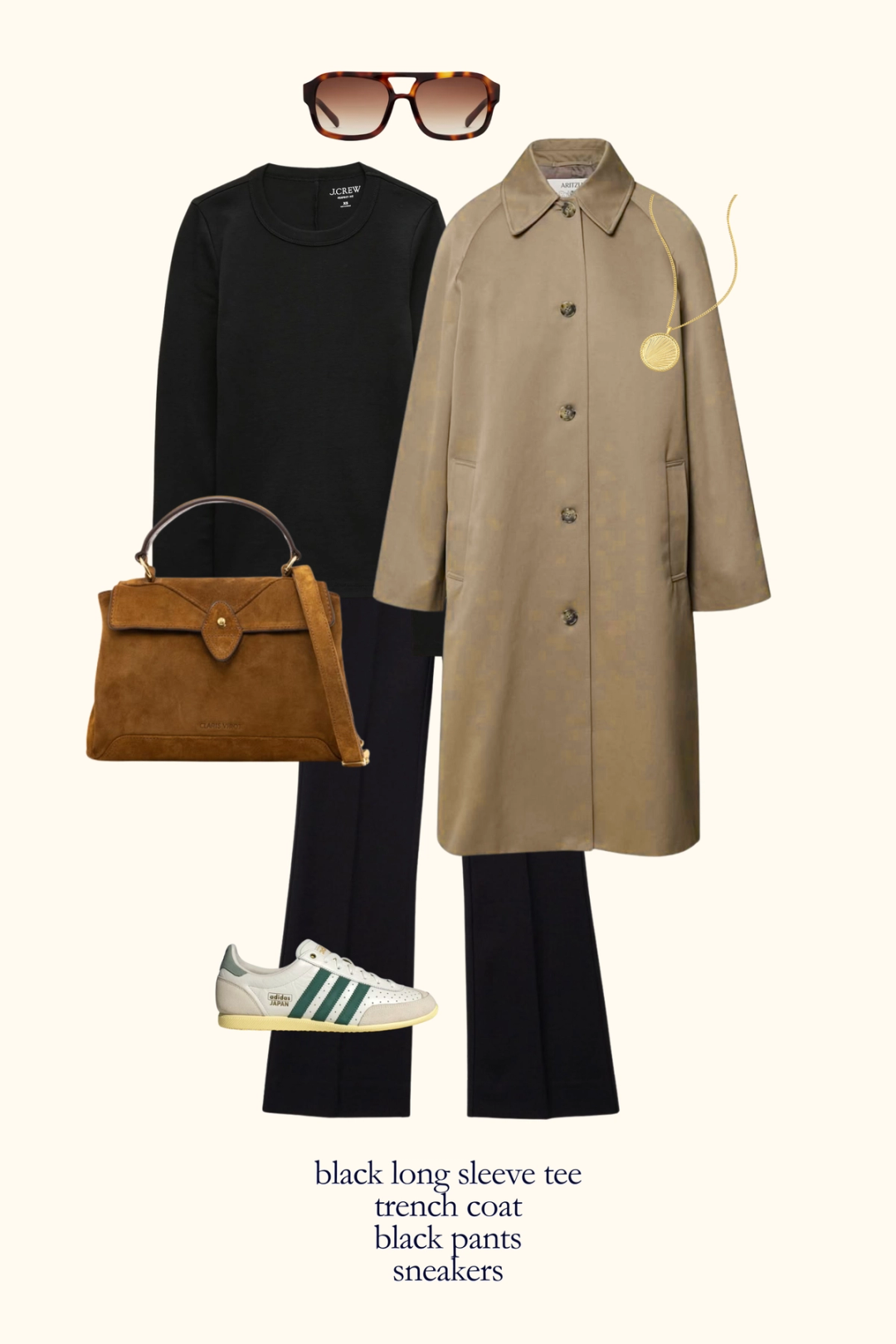 casual chic fall outfit with a black tee, tan trench coat, black kick flare pants, and sneakers