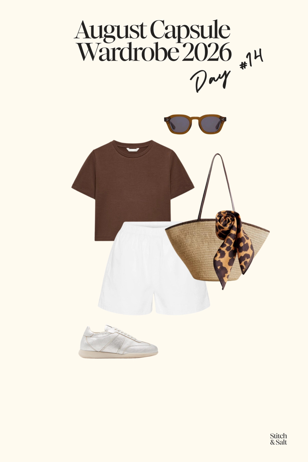 casual summer outfit with a brown cropped tee, white shorts, and silver sneakers