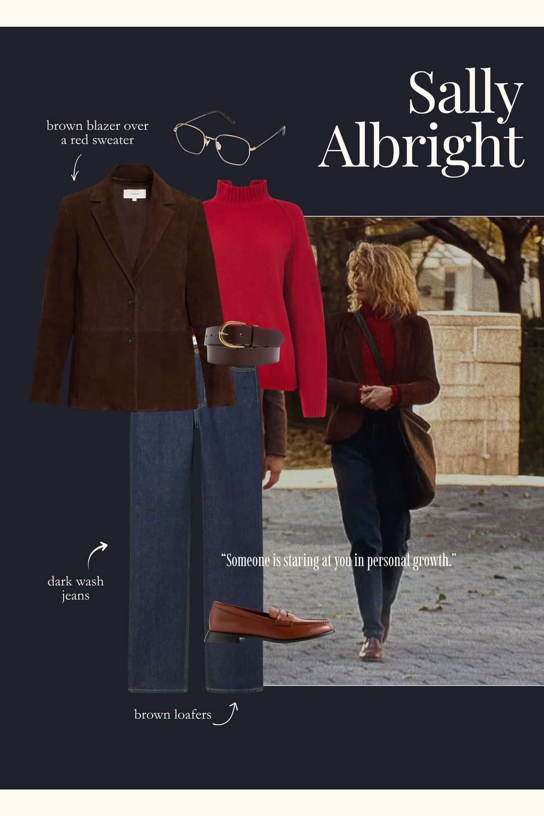 Sally Allbright outfit with a red sweater, brown blazer, dark wash jeans, and brown loafers