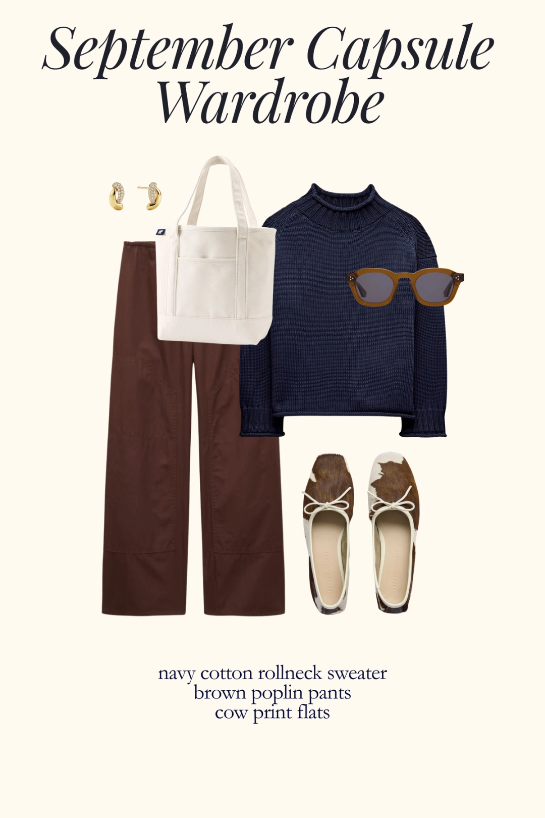 fall outfit idea with a navy rollneck sweater, brown poplin pants, and cow print flats