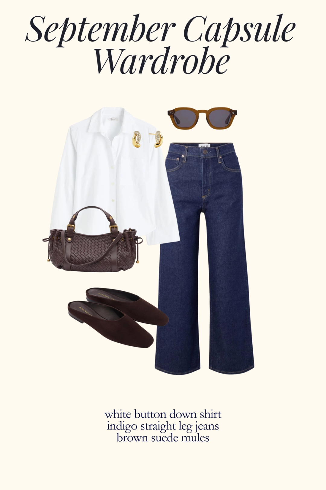 fall outfit with a white button down, indigo jeans, and brown suede mules
