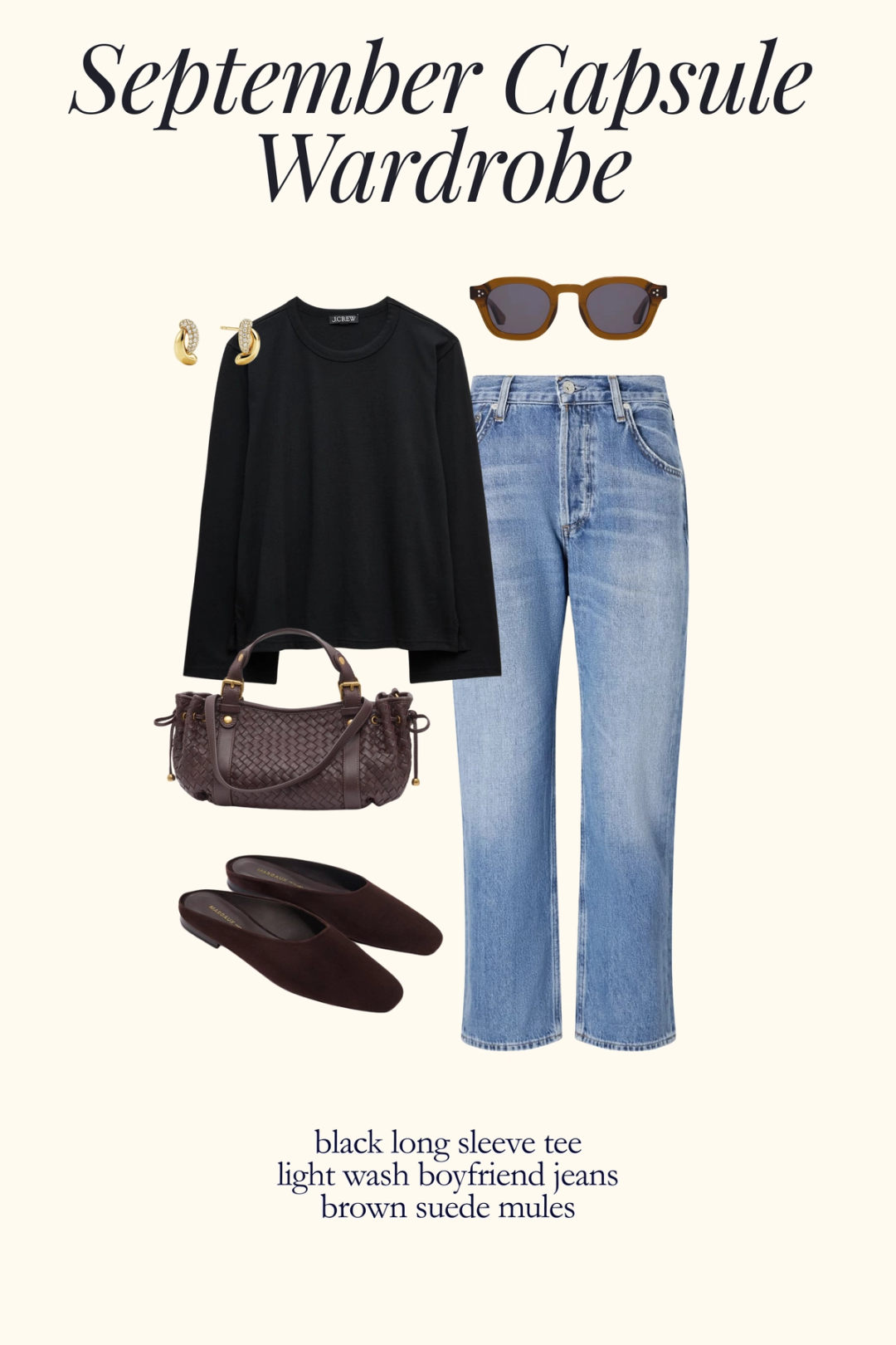 casual fall outfit with a black long sleeve tee, light wash jeans, and brown suede mules