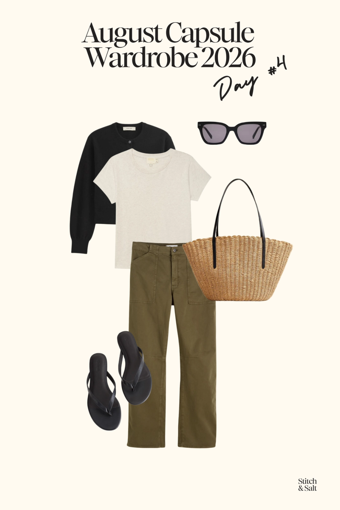 summer outfit with a white tee, black sweater worn over the shoulders, green utility pants, and black flip flops