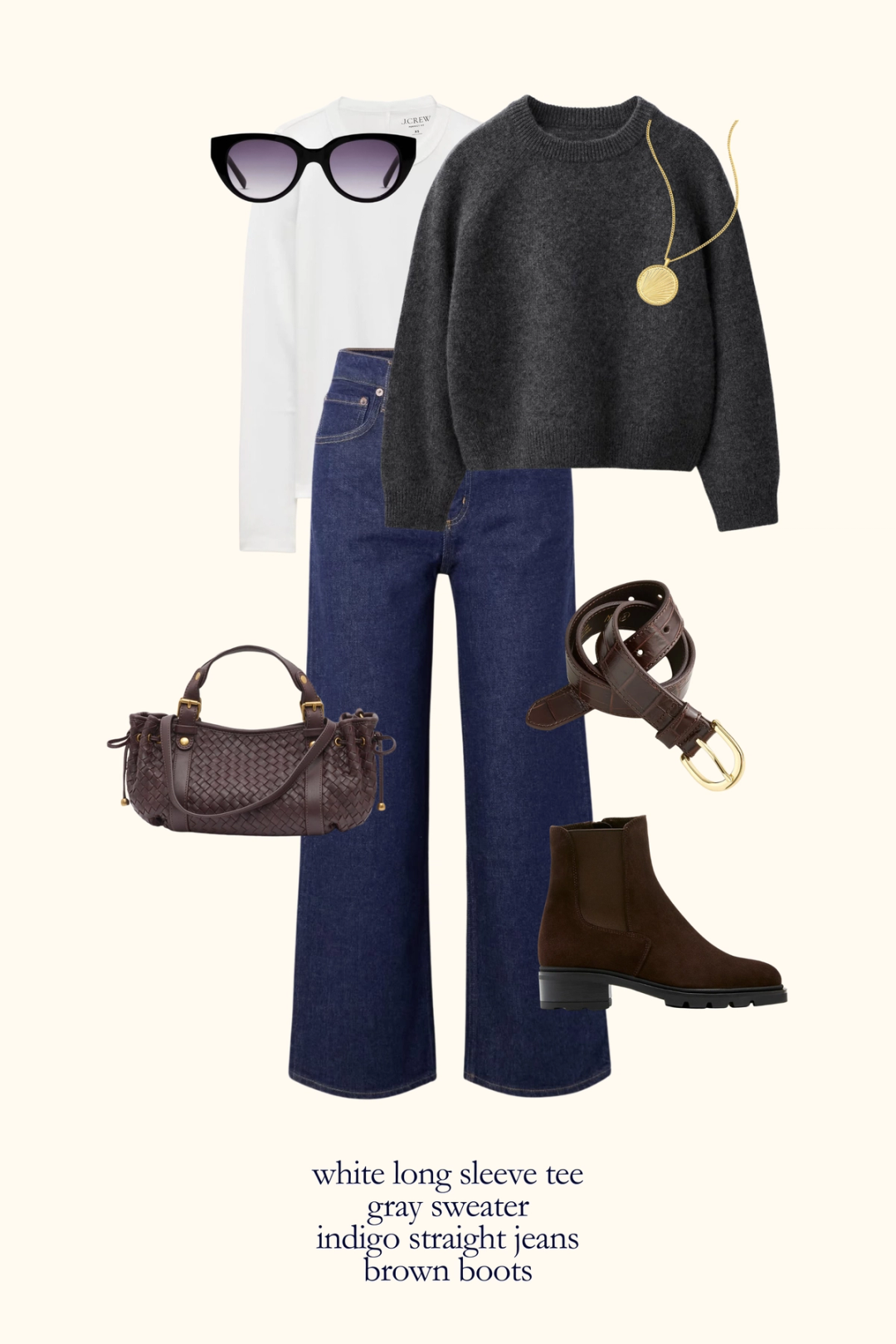 Parisian inspired fall outfit with a white long sleeve tee layered under a gray sweater, indigo jeans, and brown suede boots