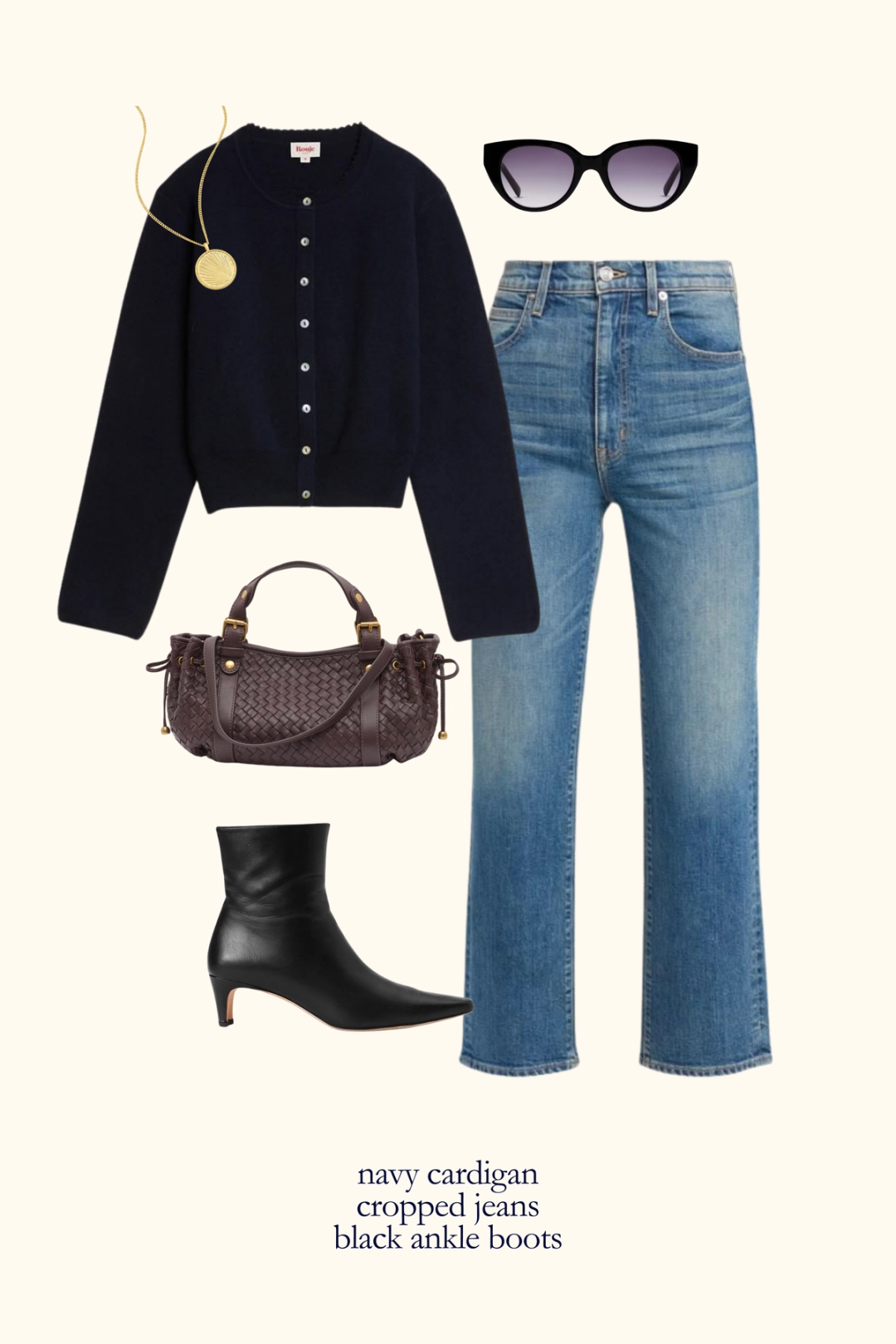 Parisian fall outfit with a navy cardigan, cropped denim, and black ankle boots