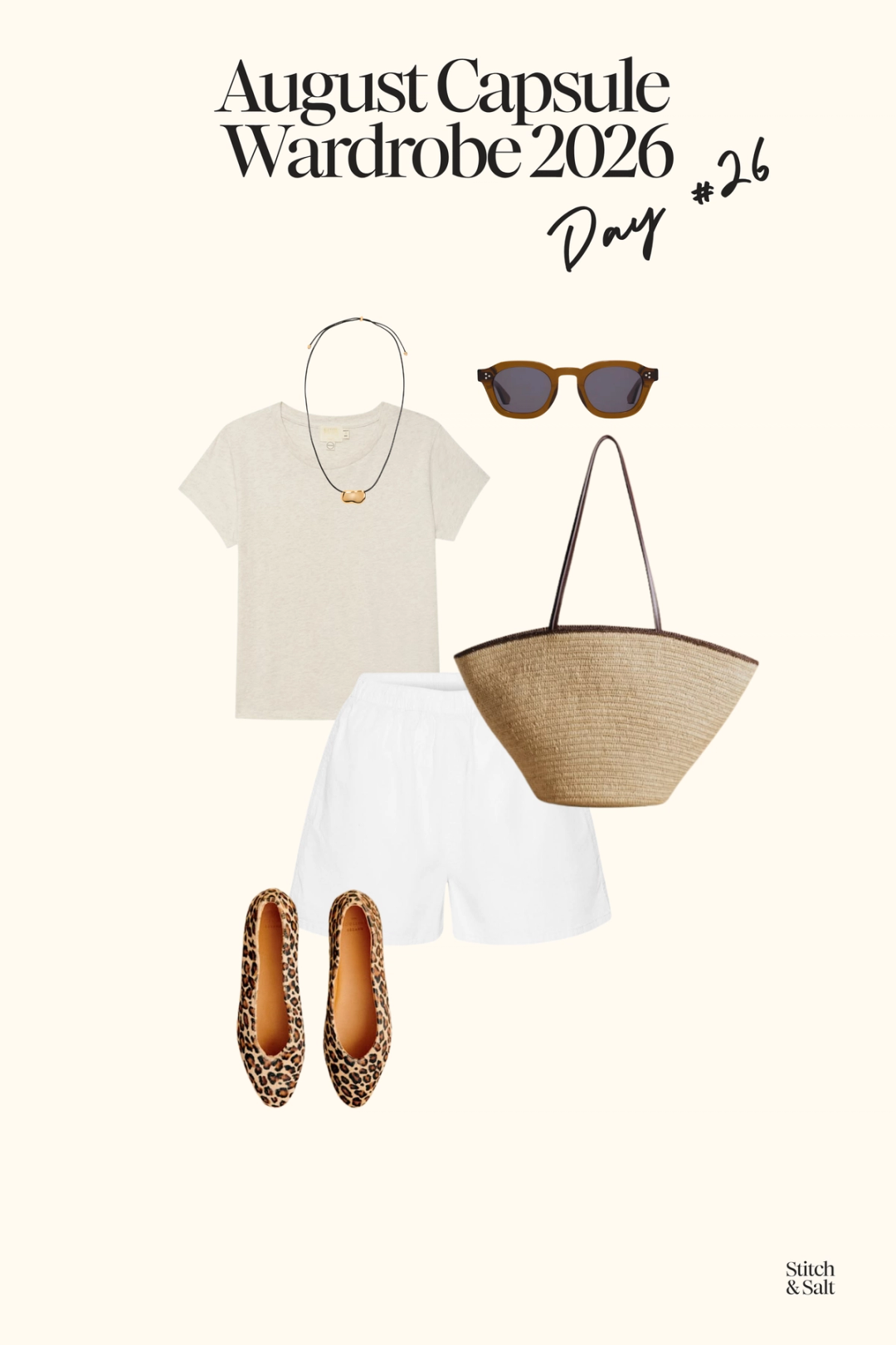 casual summer outfit with a white tee, white poplin shorts, leopard print flats, and a woven tote bag