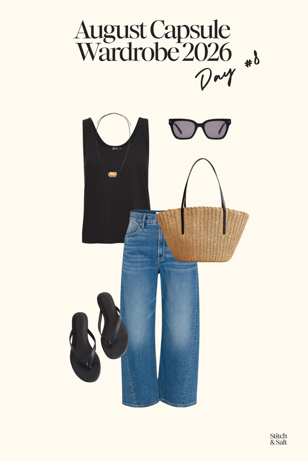 summer outfit with a black tank, wide leg jeans, black flip flops, and a woven bag