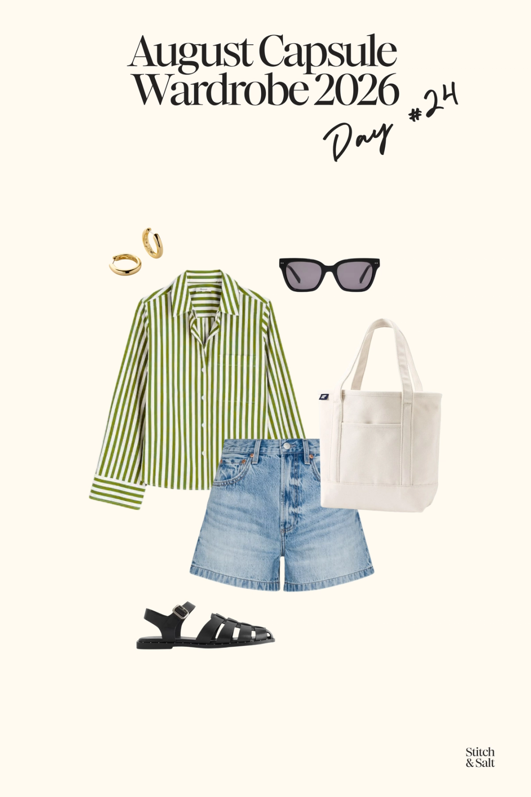 august capsule wardrobe outfit with a green and white striped button down, denim shorts, black fisherman sandals, and a canvas bag