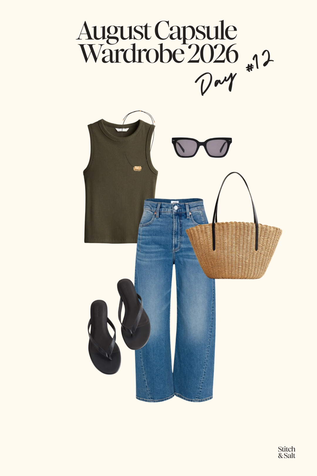 summer capsule outfit with a green tank, wide leg jeans, black flip flops, and a woven bag