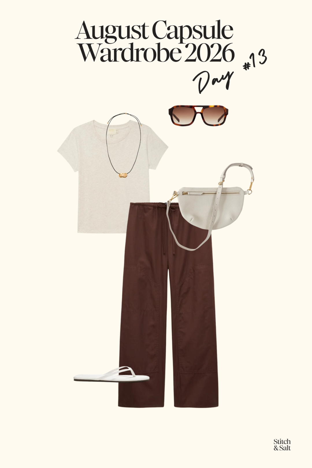 casual summer outfit with a white tee, brown poplin pants, white flip flops and a white sling bag