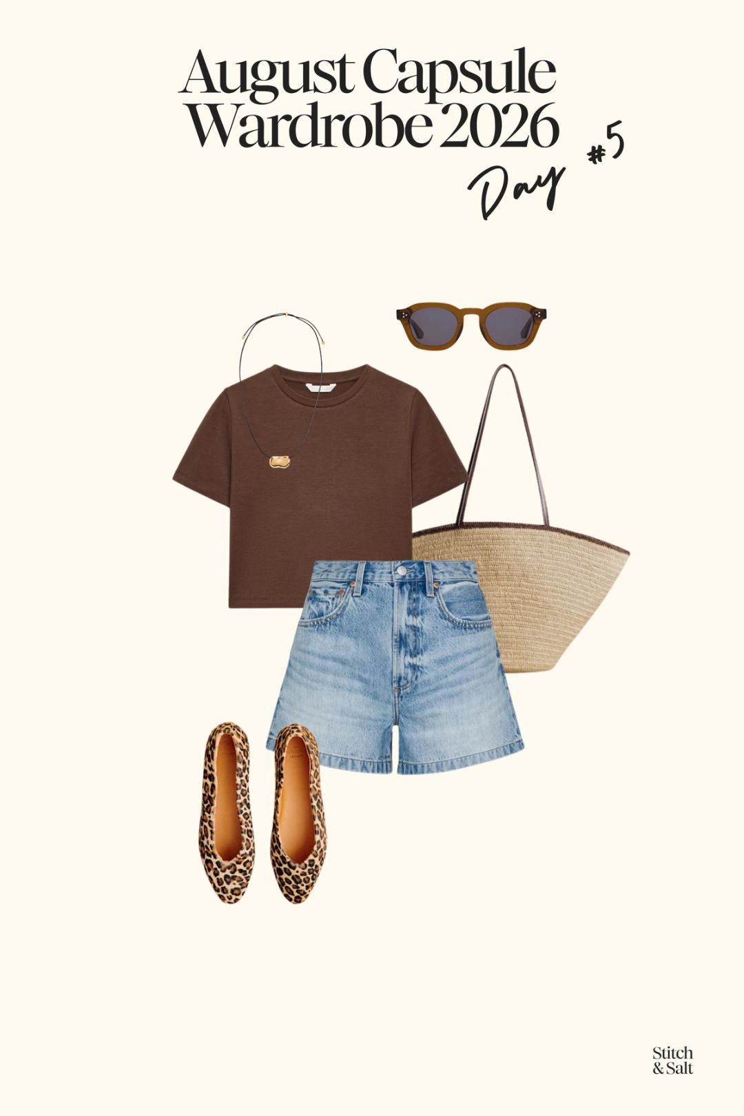 august capsule wardrobe outfit with a brown cropped tee, denim shorts, leopard print flats, and a woven bag