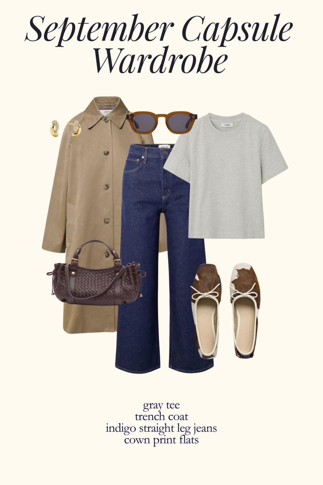 fall outfit idea with a gray tee, tan trench coat, indigo jeans, and cow print flats