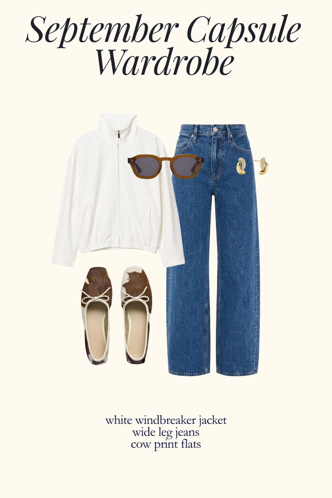 fall outfit idea with a white windbreaker jacket, wide leg jeans, and cow print flats