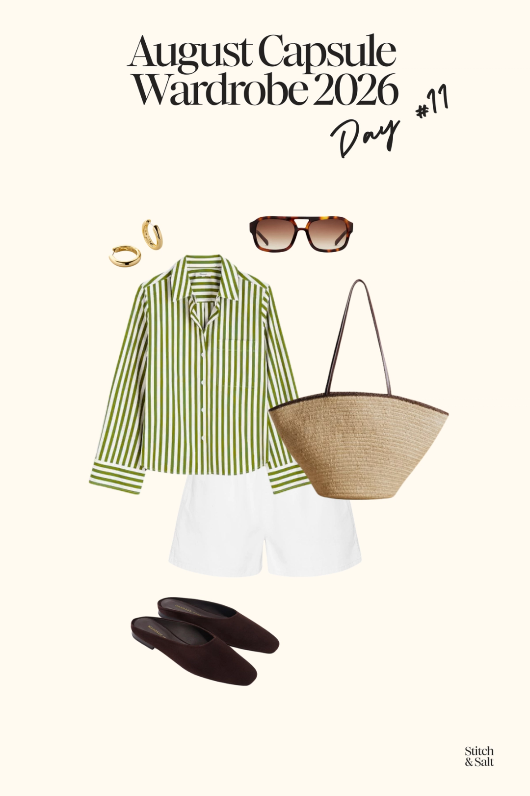 summer outfit with a green and white striped button down shirt, white shorts, brown suede mules, and a woven bag