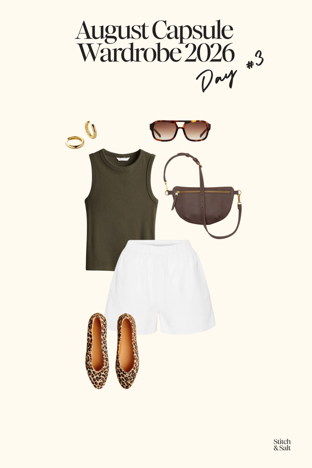 summer outfit with a green tank, white shorts, and leopard print ballet flats