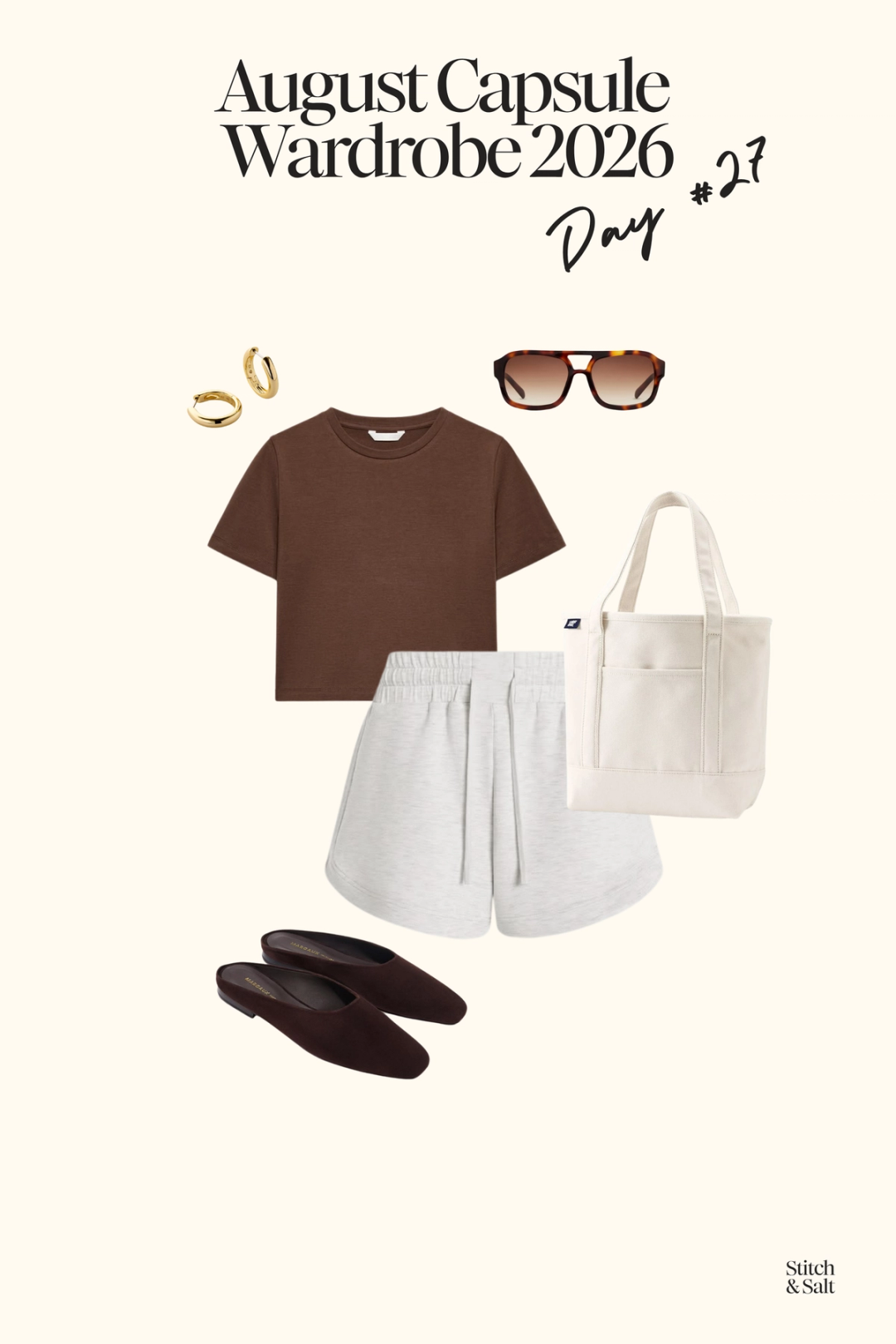 casual summer outfit with a brown cropped tee, gray shorts, brown suede mules and a canvas tote bag