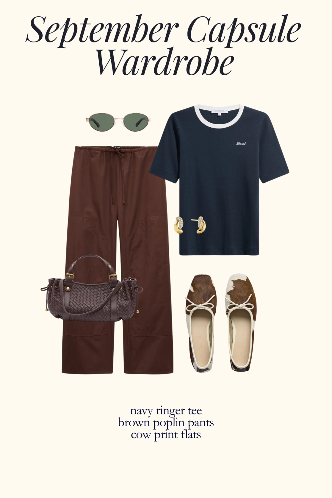 fall outfit with a navy ringer tee, brown poplin pants, and cow print flats