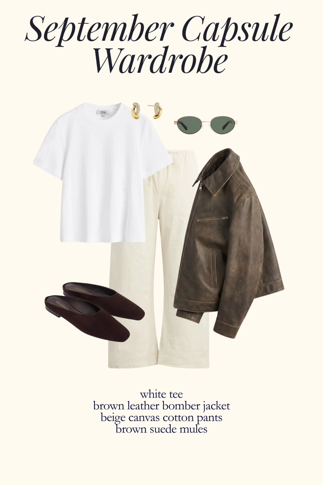 fall outfit with a white tee, brown leather jacket, beige barrel pants, and brown suede mules