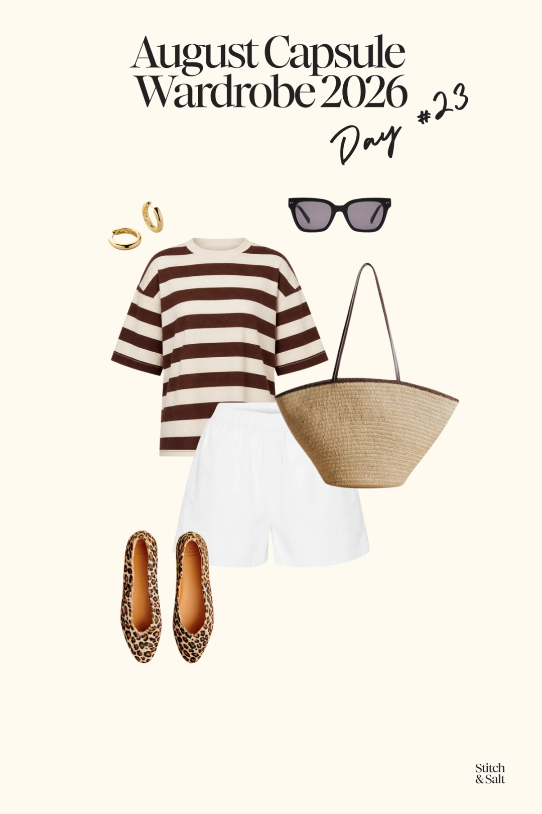 august capsule wardrobe outfit with a brown and white striped tee, white poplin shorts, leopard print flats, and a woven tote bag