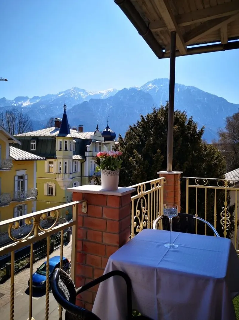 Balcony view from Suite Room 8 over the Berchtesgaden Alps – Hotel Almrausch Bad Reichenhall
