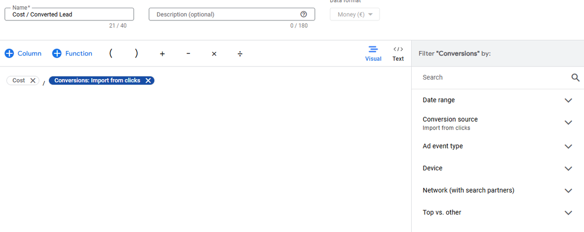 Google Ads Custom Columns Cost Per Converted Lead