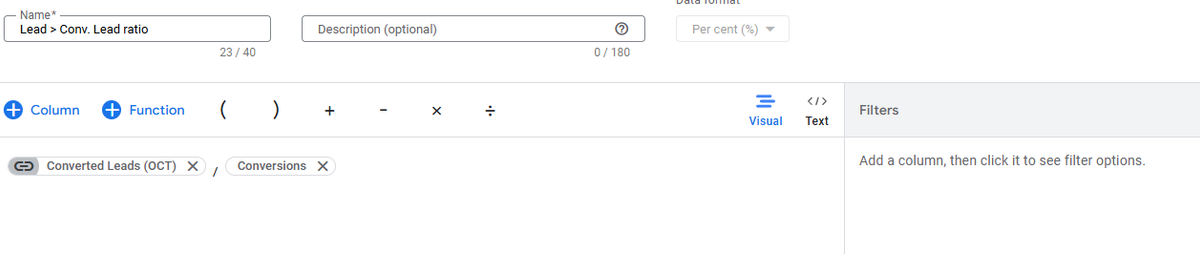 Google Ads Custom Columns Lead to Converted Lead Ratio