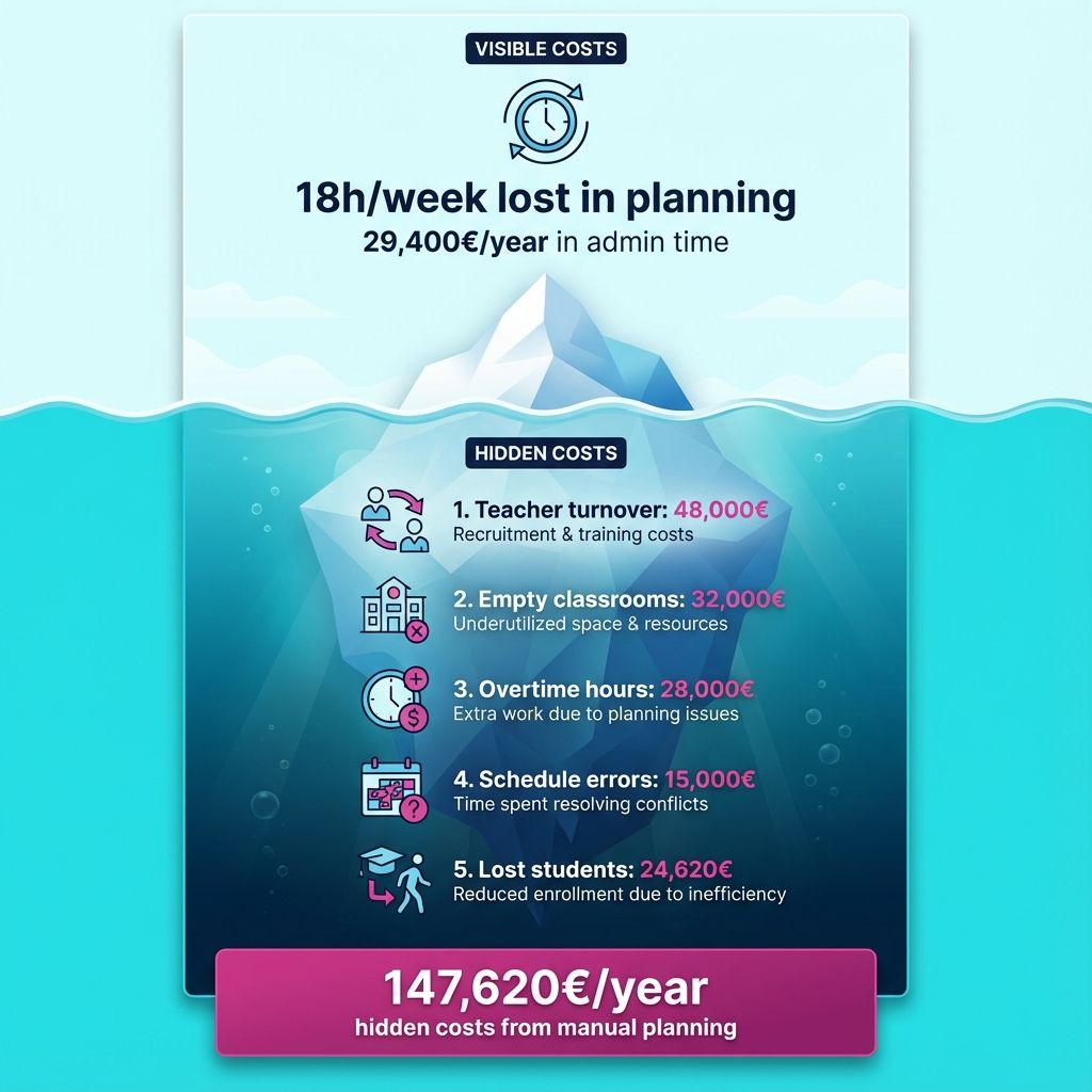 Infographie iceberg révélant 147 620 euros coûts cachés mauvaise planification avec turnover formateurs salles vides heures sup